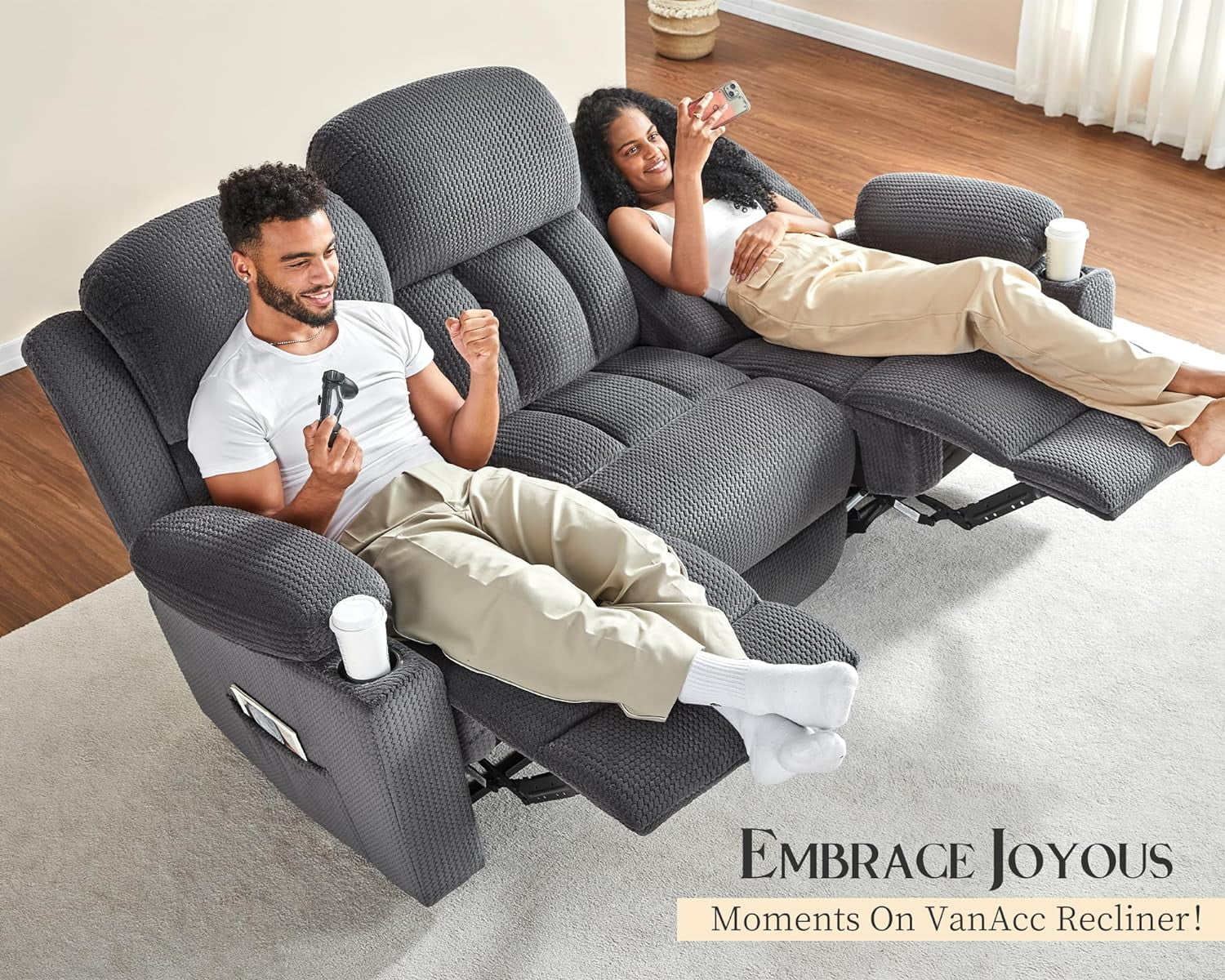 AMERLIFE Recliner Couch, 3 Seater Sofa with Cup Holders for Living Room- 85 inch Grey Comfy Couch