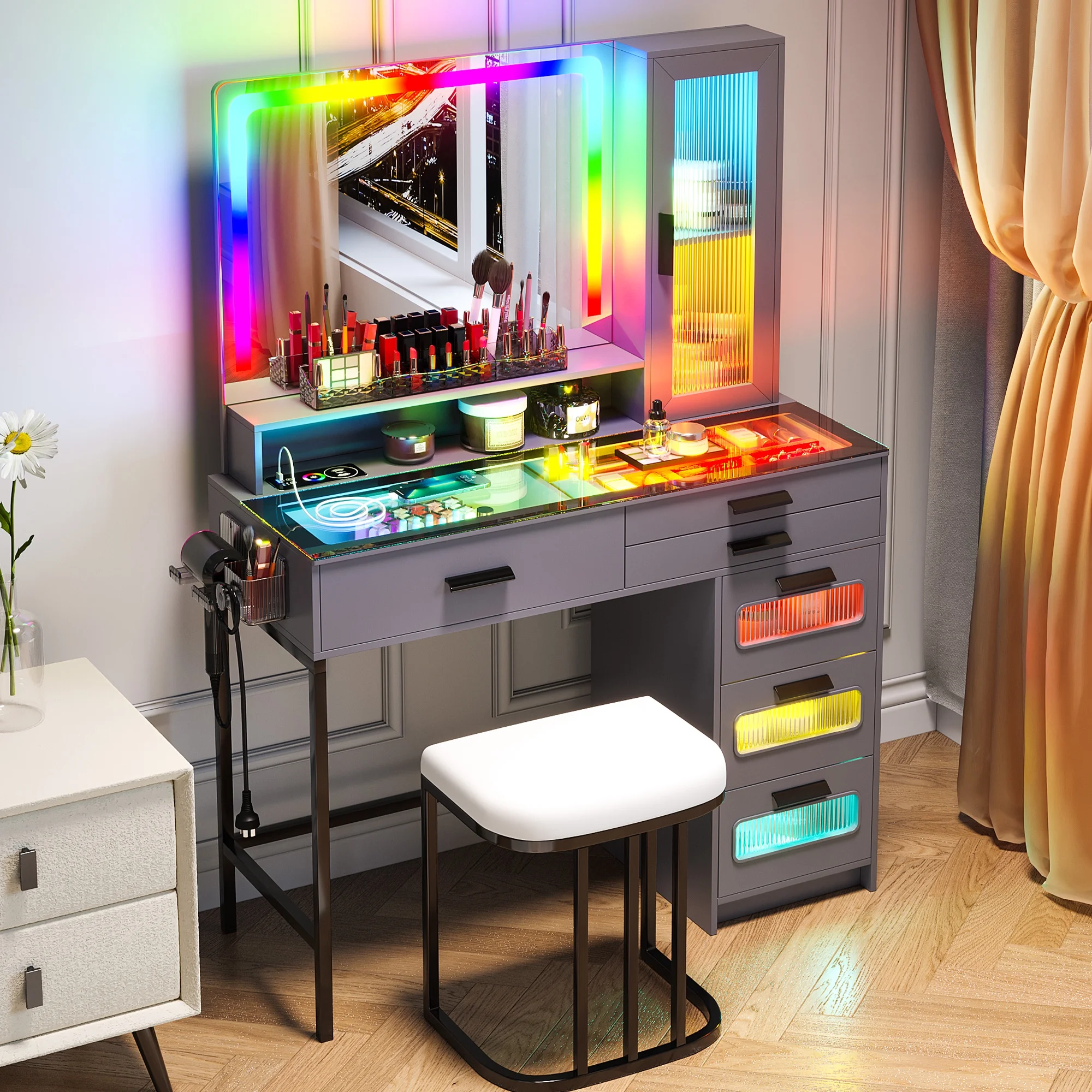 HNEBC Vanity Desk with Mirror and RGB Lights, Glass Top Makeup Vanity with Auto Sensor Lights and Wireless Charging