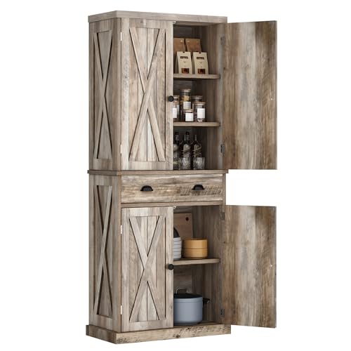 YITAHOME 72'' Tall Kitchen Pantry Cabinets, Farmhouse Storage Cabinets with Barn Doors, Drawer ＆ Adjustable Shelves