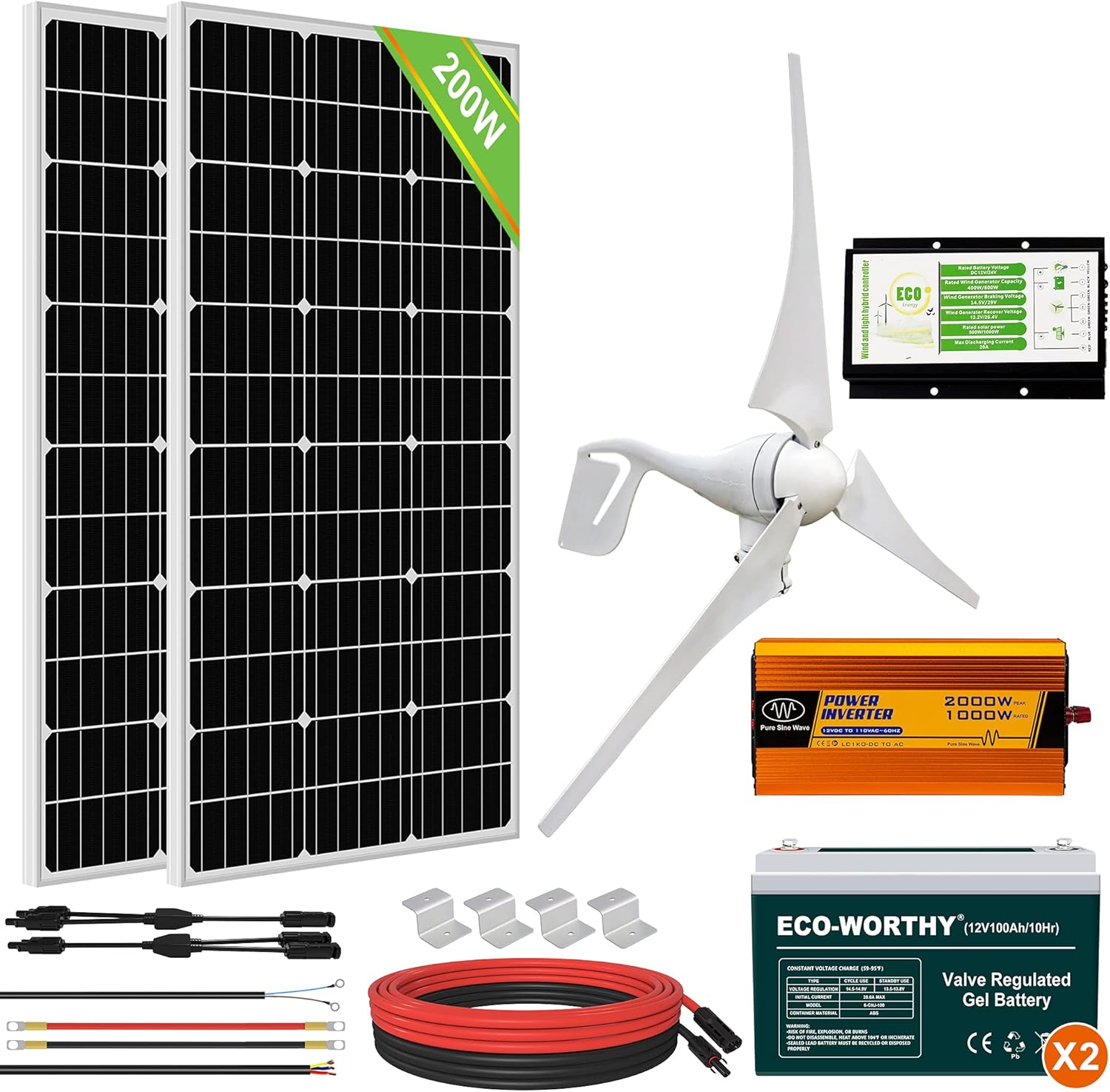 ECO-WORTHY 1200W Solar Wind Complete KIT: 1pc 400W Wind Turbine + 8pcs 100W Mono Solar Panel + 2pcs 100AH Battery + 1500W Inverter + 1pc Combiner Box
