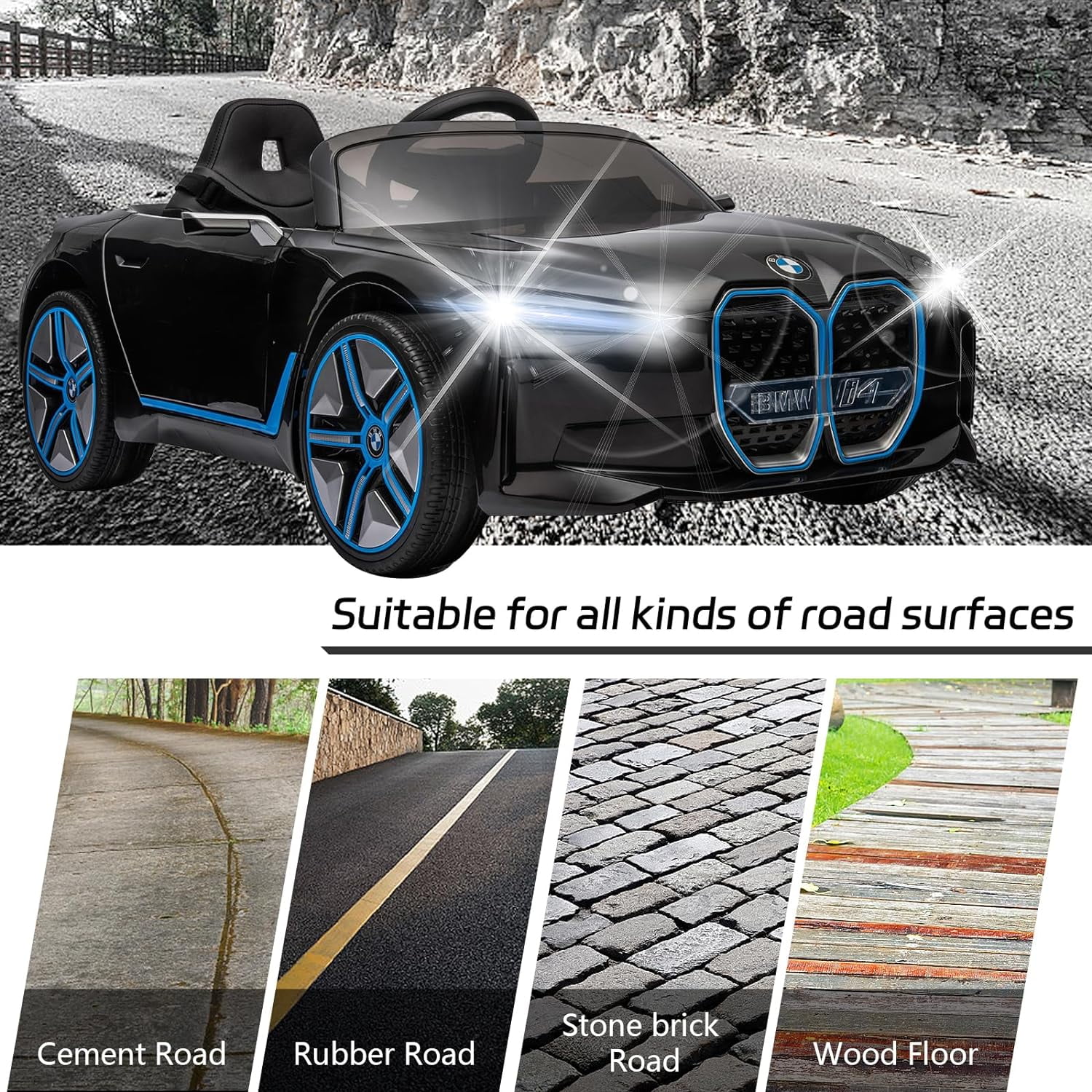 BMW i4 12V Kids Electric Ride-On Car with 2.4G Remote Control, Battery Powered Electric Vehicle Toys Car for 3-8 Years Old, Safety Belt, LED Lights