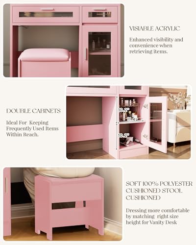 Vanity Desk with Mirror and Lights, Makeup Vanity with Drawer & Storage Shelves, Cabinet, 3 Lighting Modes Adjustable Brightness