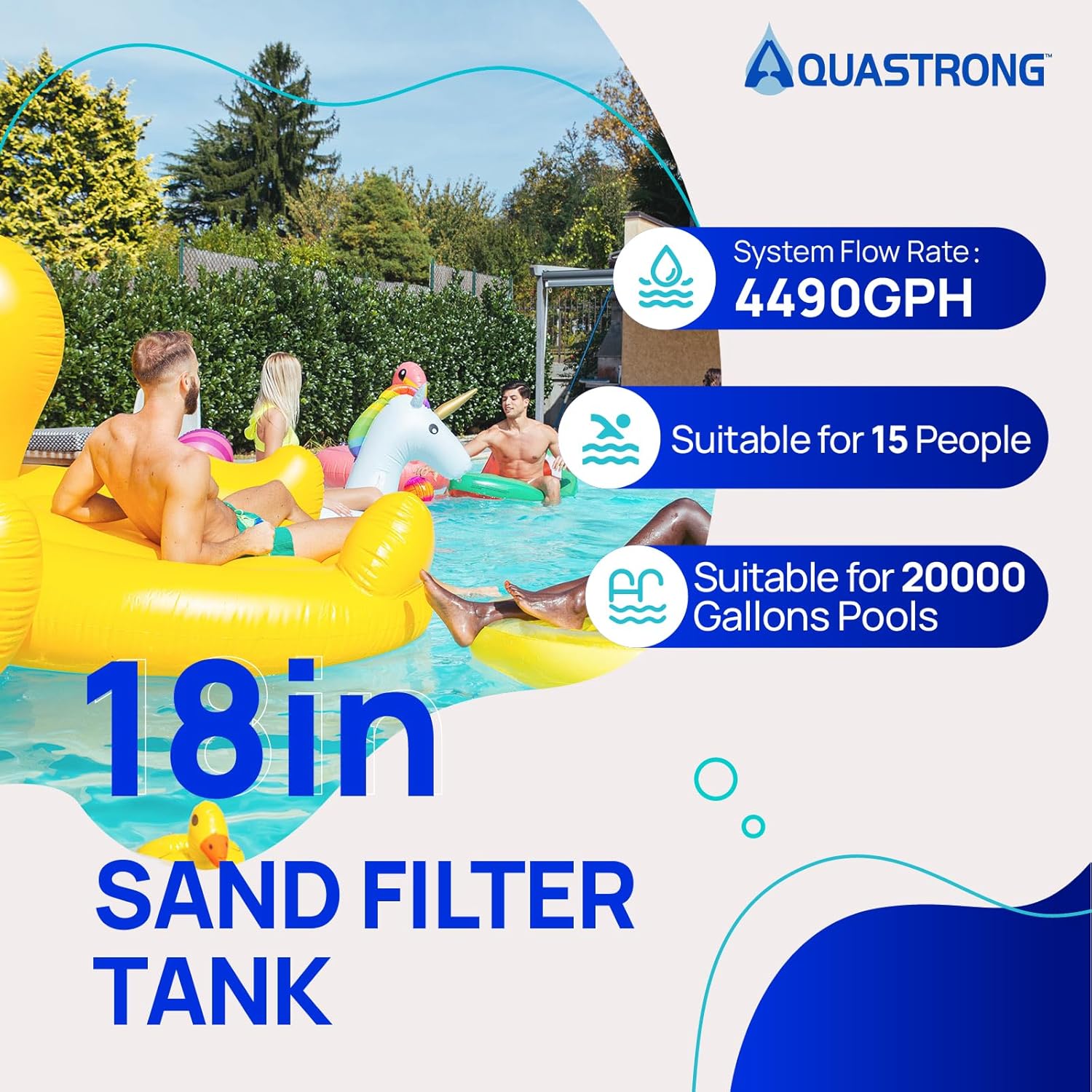 AQUASTRONG 18in Sand Filter Pump for Inground Pool with Timer, 1 HP, Max 6100GPH for Pools Up to 20000GAL, 6-Way Valve
