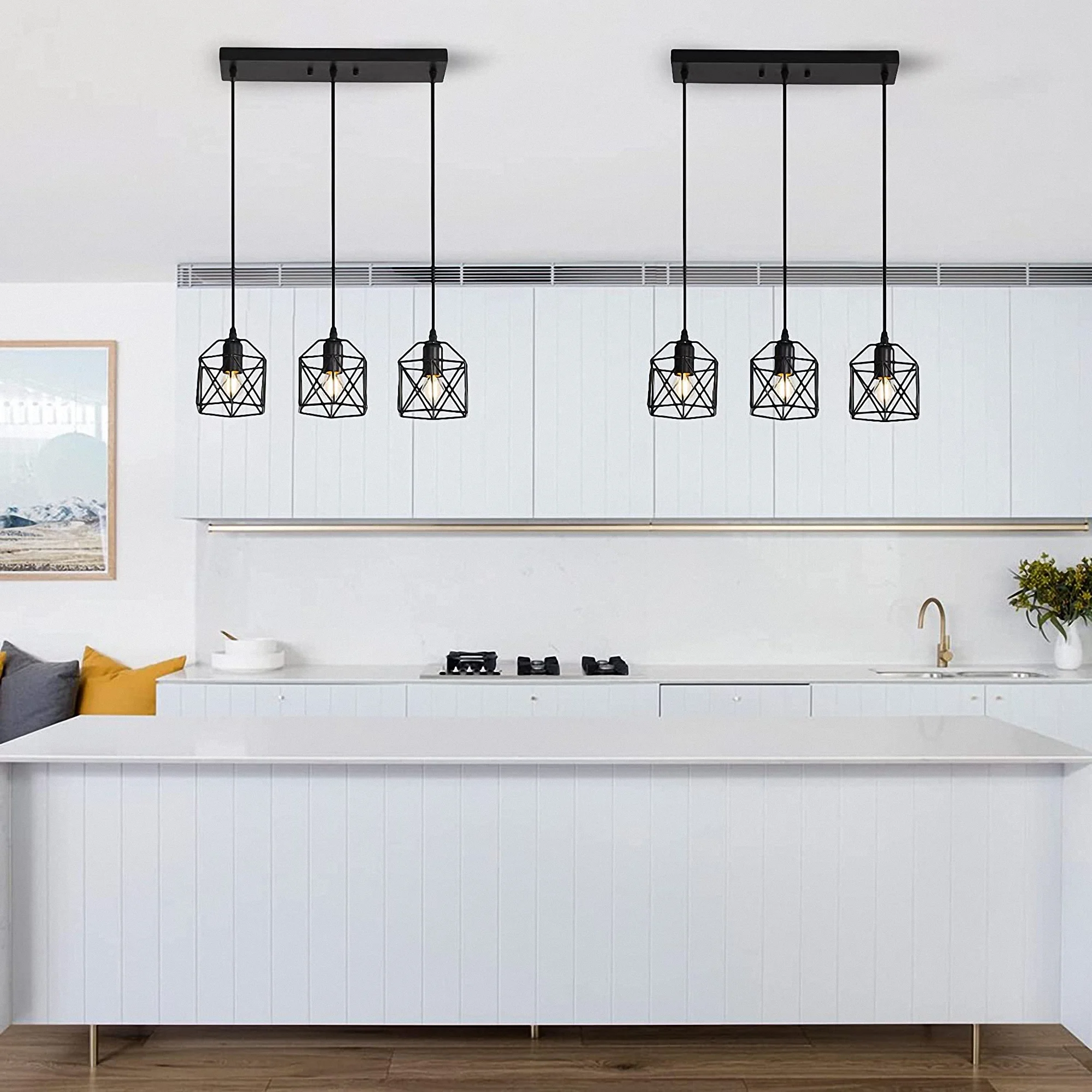 LOHAS 3 Lights Pendant Lighting,Black Finish Cage Vintage Hanging Pendant,for Dinning Room Kitchen Bar Cafe