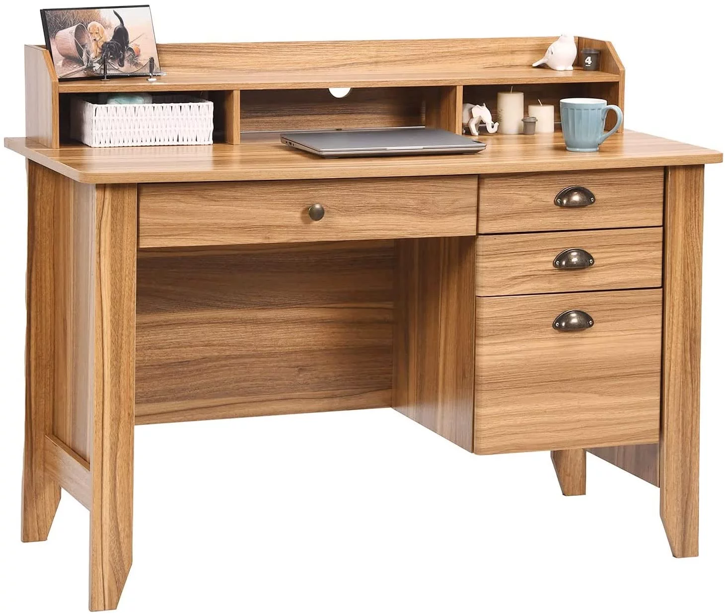 Catrimown Computer Desk, 47.5 in Wood Home Office Desk with Hutch and 4 Drawers, Monitor Stand, Rustic Brown