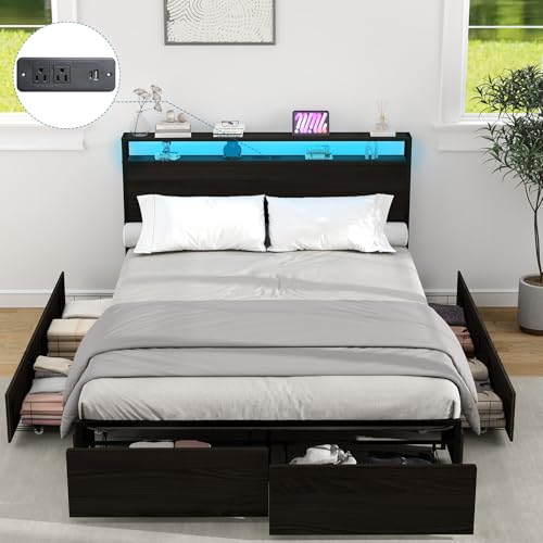 Full Size Bed Frame with Headboard, LED Platform Bed with 4 Storage Drawers, Built in Charging Station, Noise-Free, Metal Support Base