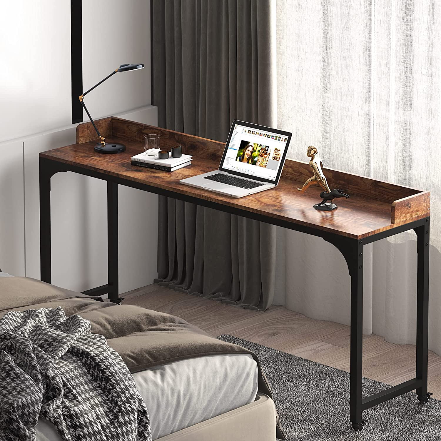 Tribesigns Brown Overbed Table with Wheels 70.8"L Queen Size Mobile Desk with Metal Legs, Unadjustable