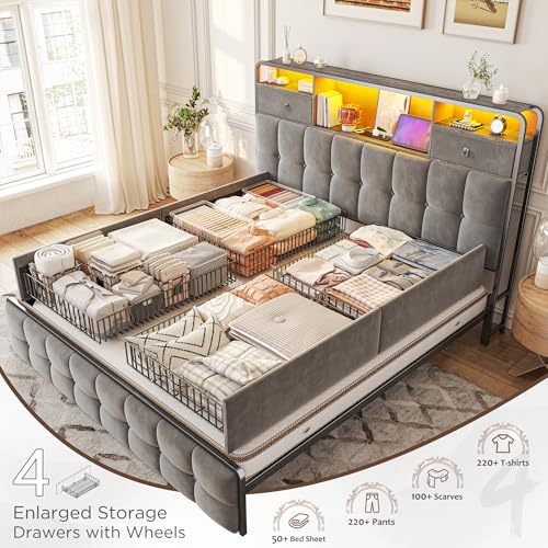 EnHomee King Size Bed Frame with 4 Storage Drawers King Bed Frame with Headboard Built in Charging Station and LED Lights, No Noise