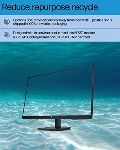 HP 27h Full HD Monitor - Diagonal - IPS Panel & 75Hz Refresh Rate - Smooth Screen - 3-Sided Micro-Edge Bezel - 100mm Height/Tilt Adjust
