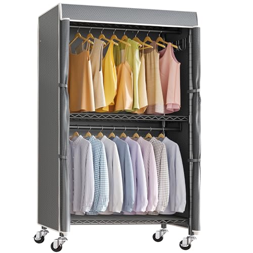 VIPEK R2C Medium Rolling Garment Rack with Cover Heavy Duty Clothes Rack Adjustable Clothing Rack for Hanging Clothes Portable Closets with Double