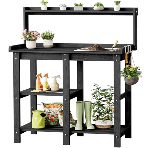 Potting Bench, Outdoor Potting Bench Table with Removable Sink, HDPS Potting Benches for Outside, Garden Table with Storage Shelves & 4 Side Hooks