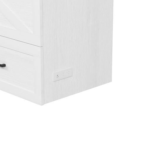 Queen Size Farmhouse Murphy Bed Cabinet with Charging Station, Foldable Platform Bed Frame with 2 Storage Drawers