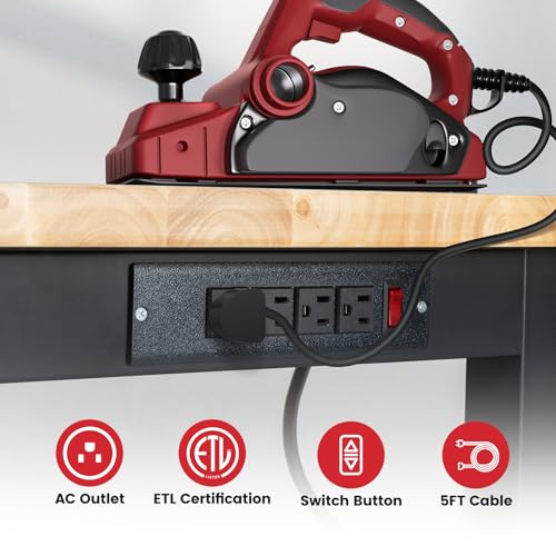 48 Inch Work Table for Garage Adjustable Height Rubber Wood Tabletop Workbench with Storage Work Bench Table with Power Outlets Pegboard Pad for
