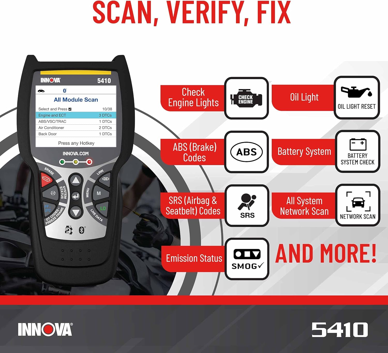INNOVA 5410 - Newest 2022 OBD2 Diagnostic Code Scanner - Battery Reset, Initialize and Read Hybrid Battery Voltage, Read/Erase ABS/SRS Codes