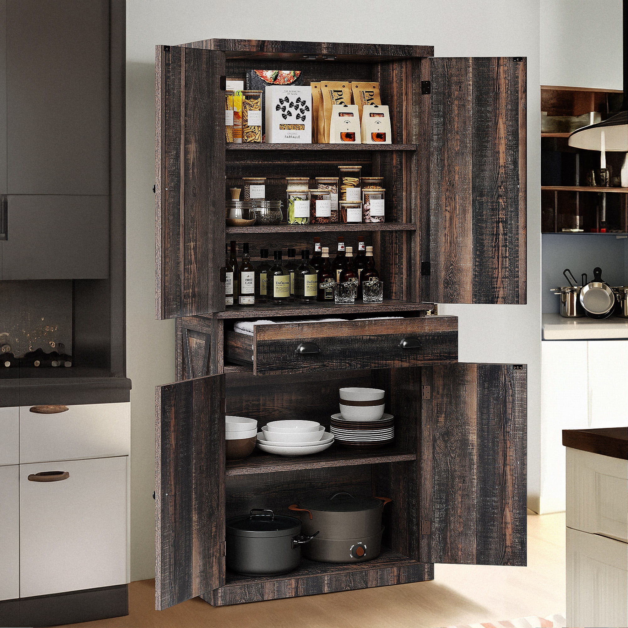 Dextrus 72" Kitchen Pantry Storage Cabinet, Large Drawer Farmhouse Storage Cabinet with 4 Doors