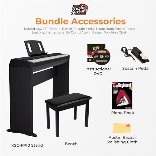 Roland FP-30X 88-Key Digital Piano - Black Bundle with Adjustable Stand, Bench, Sustain Pedal, Online Piano Lessons, Instructional DVD