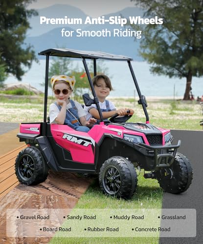 ELEMARA 24V Ride on Toy for Big Kid,Ride on Car 2 Seater w/Sun Shade,Dump Bed & Shovel,4.5MPH,4WD Electric Car for Kids,Battery Car w/Remote
