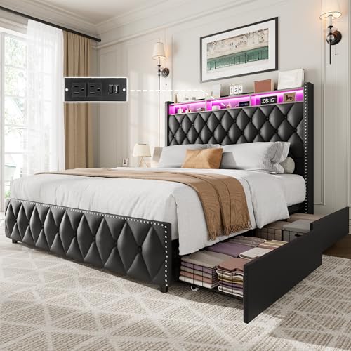 GarveeHome Queen Bed Frame with 50.8" Tall Headboard, Platform Velvet Upholstered Bed Frame with 4 Storage Drawers, USB Charging Station, Led Lights