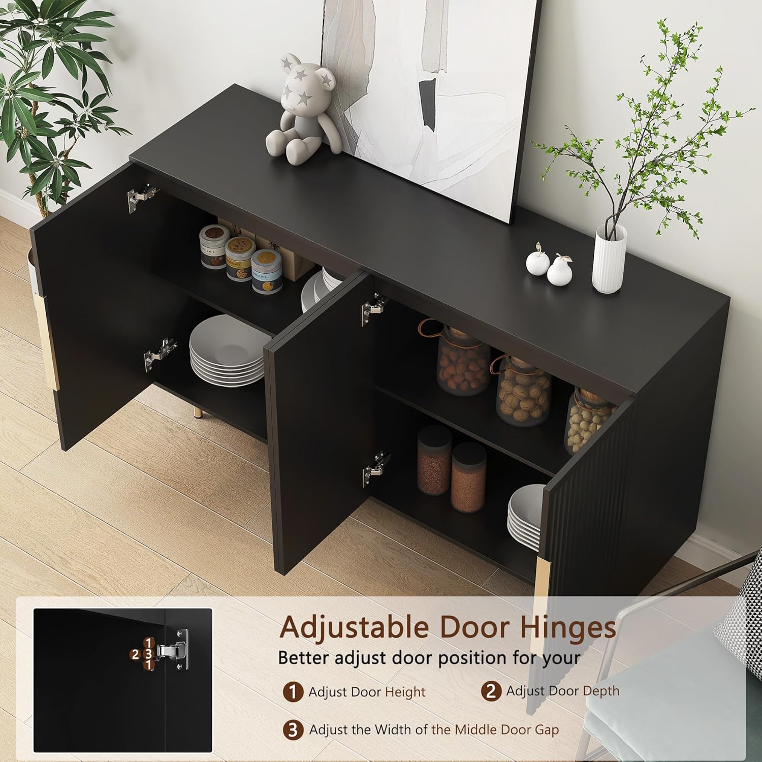 Buffet Cabinet with Storage,Sideboard Buffet Storage Cabinet,Black Storage Cabinet with 4 Fluted Doors & Adjustable Shelf