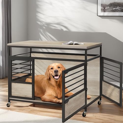 YITAHOME 39 Inch Dog Crate Furniture with Storage Shelves, Wooden Dog Crate for Large Dogs with Power Outlets