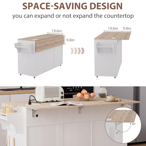 Kitchen Island with Storage, Kitchen Islands on Wheels with Drop Leaf&Power Outlet, Large Rolling Kitchen Island with Trash Can Storage