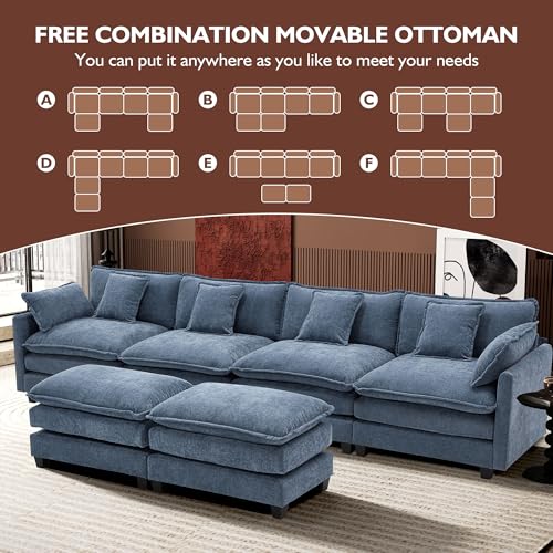 Ihanherry 111.4" U Shaped Modern Cloud Sofa Modular Sectional Couch with 2 Ottoman, 5-Seat Chenille Deep Seat Sofa with Pillow for Living Room