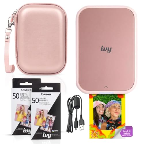 Canon Ivy 2 Mini Photo Printer (Blush Pink) - Bluetooth, Print from iOS & Android Devices, Bundle Incl. 110 Zink Sticky-Back Prints, LED Light Bar