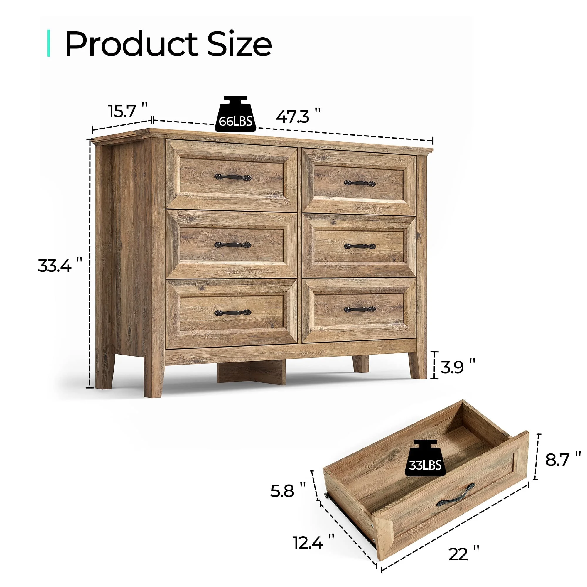 Linsy Home Dresser for Bedroom, 6 Drawer Storage Organizer Tall Wide Double Dressers for Living Room Bedroom Hallway Rustic Oak