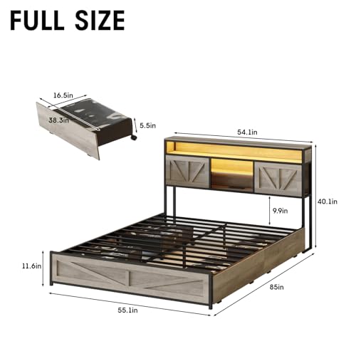 Queen Size Bed Frame with Charging Station, Queen Bed Frame with 4 Drawers LED Light, Farmhouse Platform Bed with Headboard Storage 3 Layer Shelves