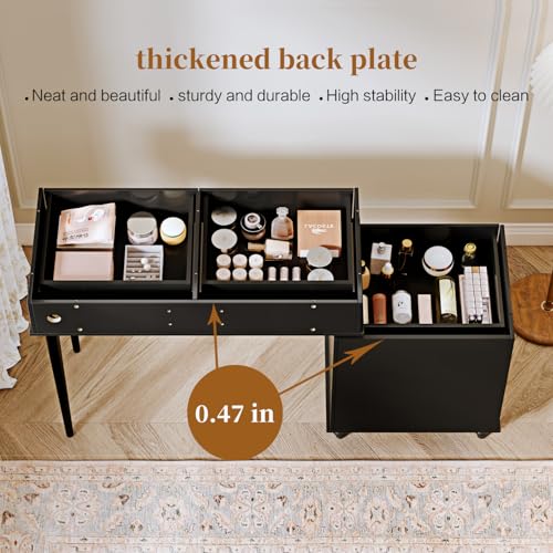 Black,Vanity Desk with Mirror and Lights,Makeup Vanity with Power Outlet and Adjustable Cabinet