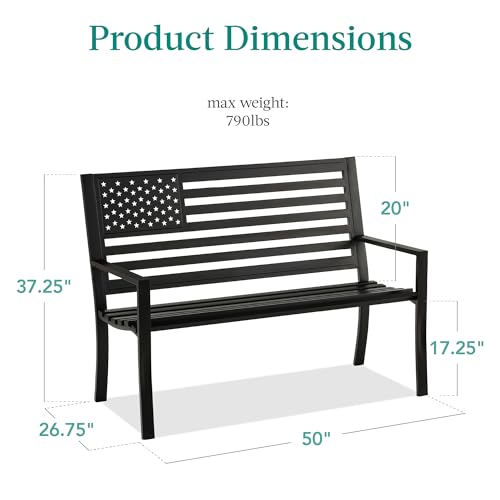 Best Choice Products Outdoor Bench 2-Person Steel Indoor/Outdoor Bench for Garden, Patio, Porch, Entryway w/American Flag, 790lb Capacity – Black