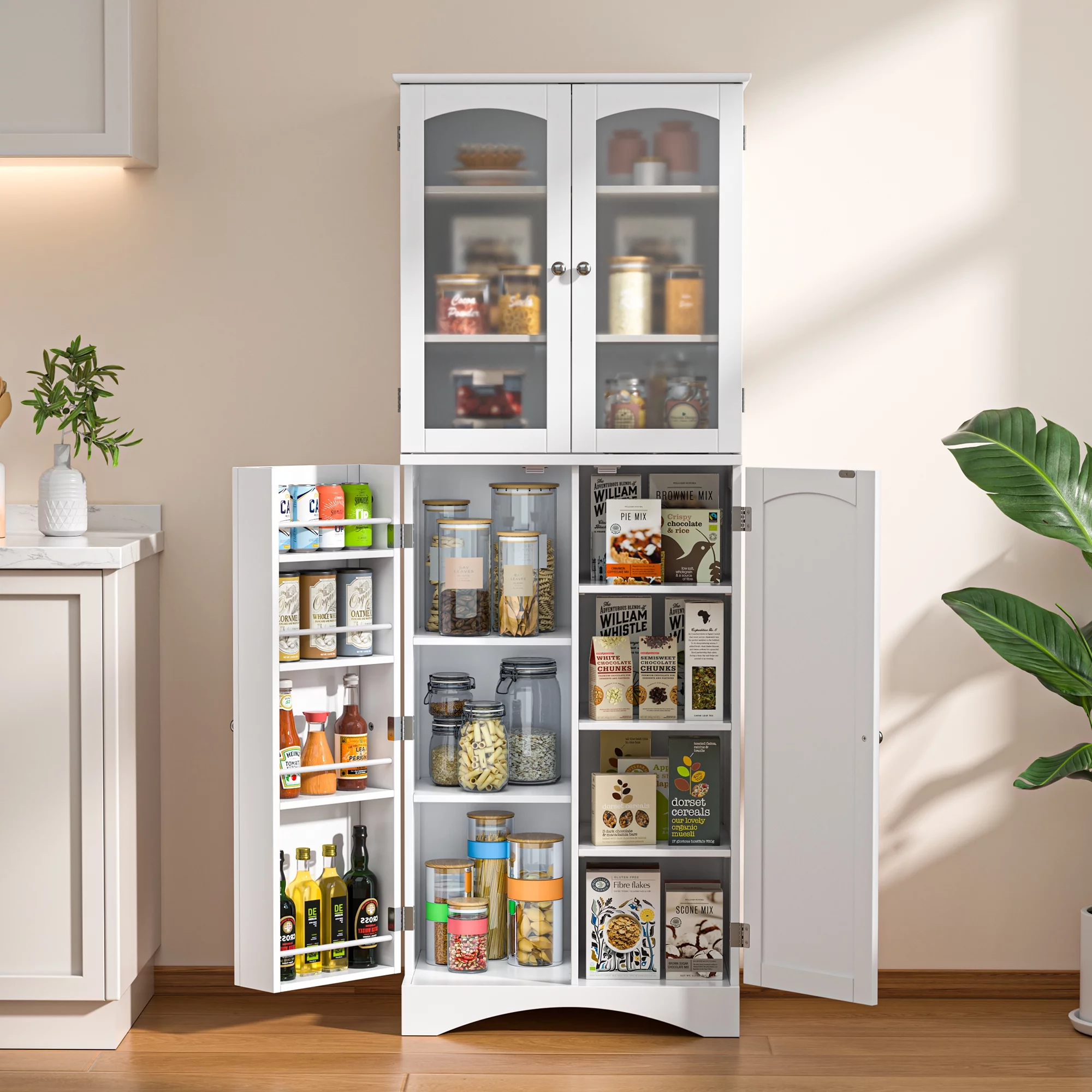 Aiho 64" H Tall Kitchen Pantry Storage Cabinet with Glass Door, White