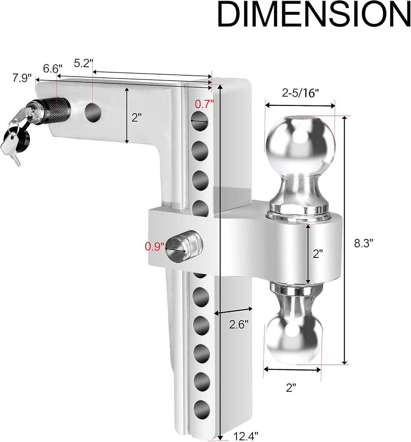 Fullwatt Dual Ball Mount Hitch Adjustable Drop/Rise, Aluminum Trailer Hitch for Vehicles, Fits 2" Receiver with Pin Lock (10 inch)