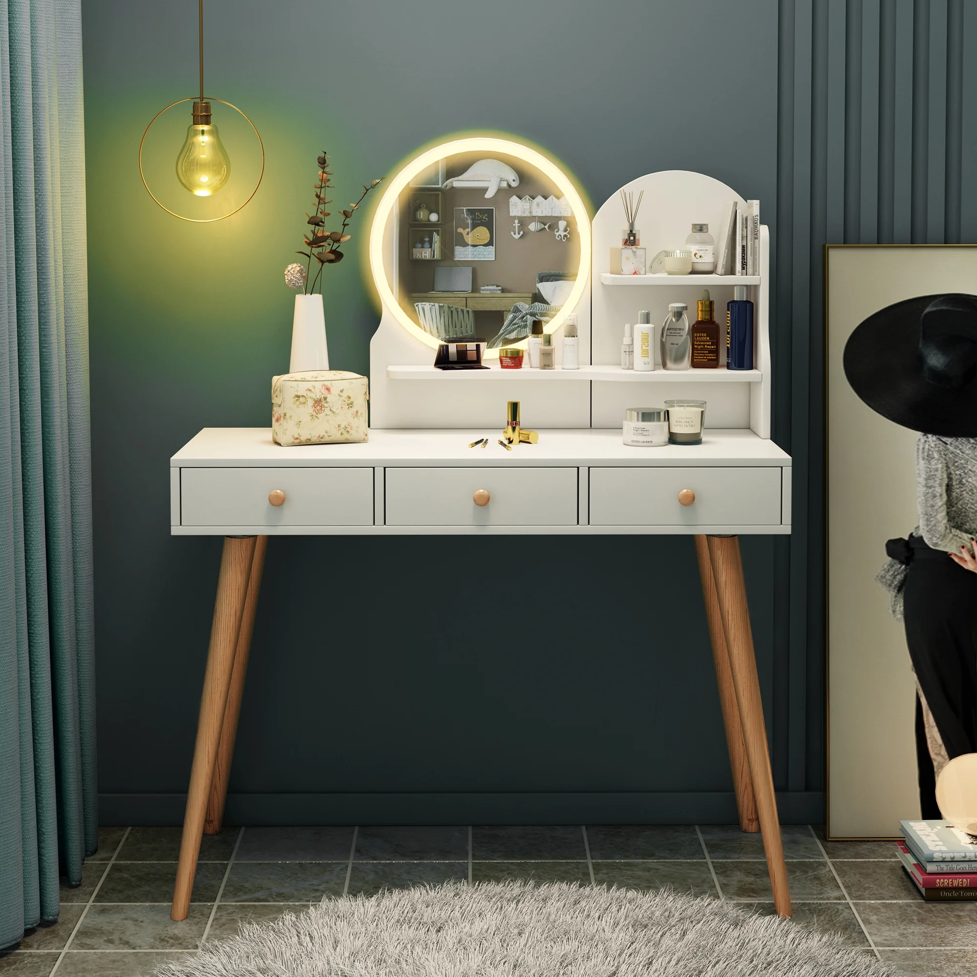 HSUNNS Vanity Desk with Lighted Mirror, 3 Drawers Makeup Dressing Desk with Storage Shelves
