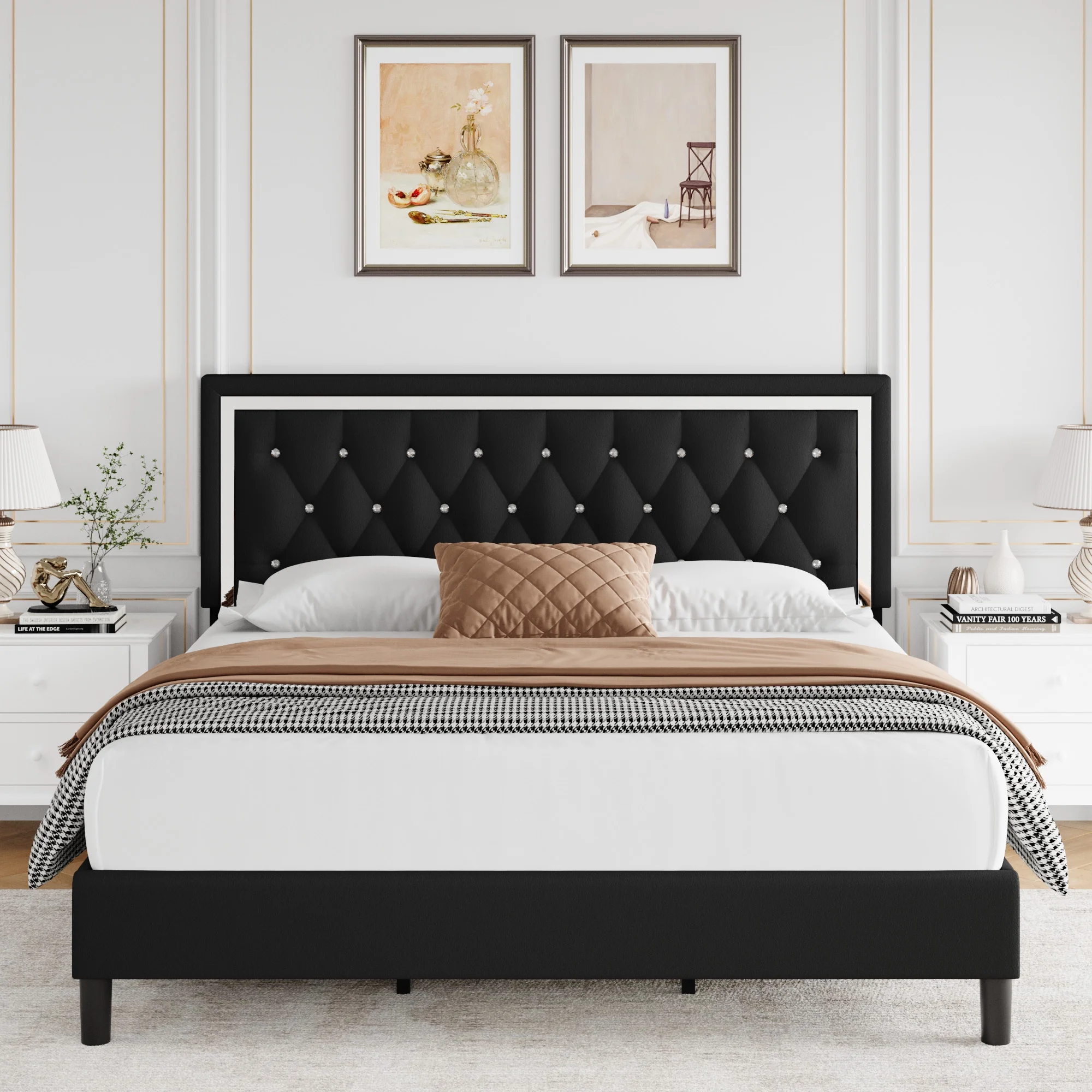 Homfa Queen Size Bed Frame with Adjustable Headboard, Diamond Tufted Upholstered Platform Bed, Black