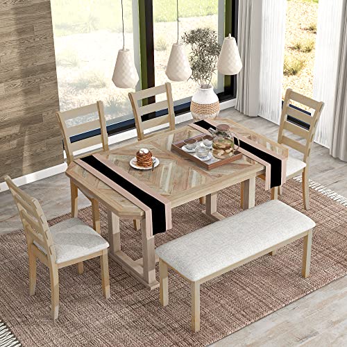 60 Inch Dining Table Set for 6, Modern Faux Marble 6-Piece Kitchen Table Set with Upholstered Dining Chairs and Bench