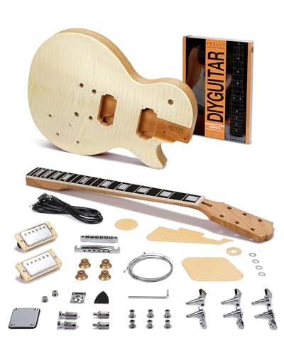 Fesley DIY LP Style Electric Guitar with Mahogany Wood Body/Neck, 6 String, Techwood Fretboard, H-H Pickups, Flamed Maple Veneer Top