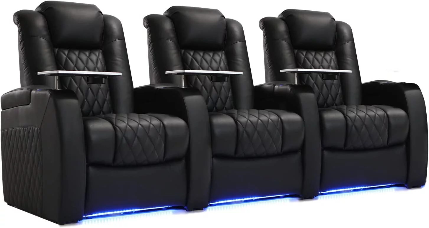 Weilianda Home Theater Seating Top Grain Leather Recliner Chair Dual Power Movie Gaming Sofa Electric Headrest with Tray Table Type-C USB Charge Cup