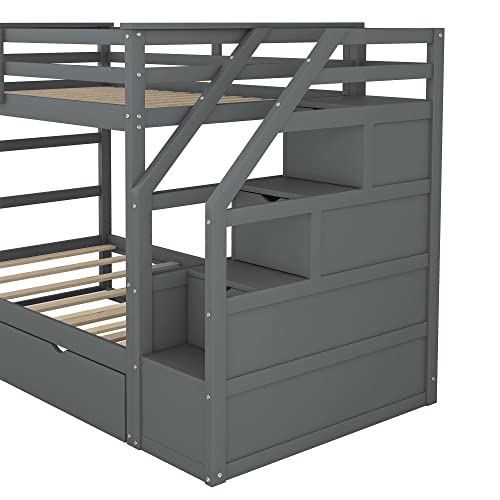 Harper & Bright Designs Twin Over Twin Bunk Bed with Trundle, Wood Bunk Bed with Storage Stairs for Kids Teens Adults (Walnut)