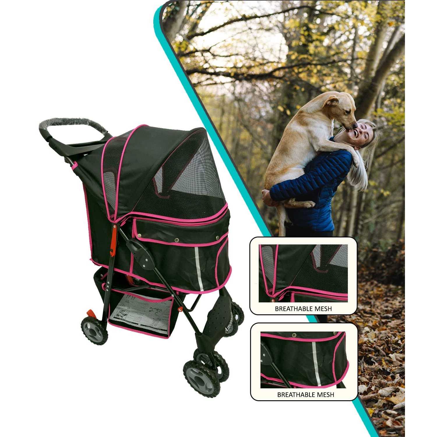 AmorosO Black Pink Pet Stroller Carrier - Pet Supplies online store