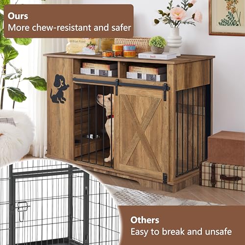 Aoowow Large Double Dog Crate Furniture 72.4" Indoor Dog Kennel with Sliding Barn Door and Divider