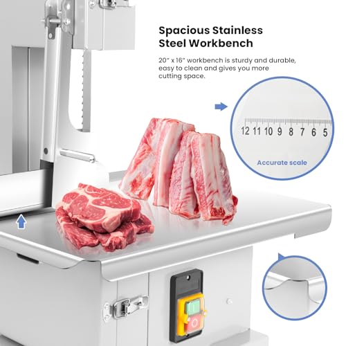 1500W Electric Bone Saw Machine | 20" x 15" Meat Cutting Table | Stainless Steel Bandsaw Machine | 0.04-8" Cutting Thickness with 8 Saw Blades |