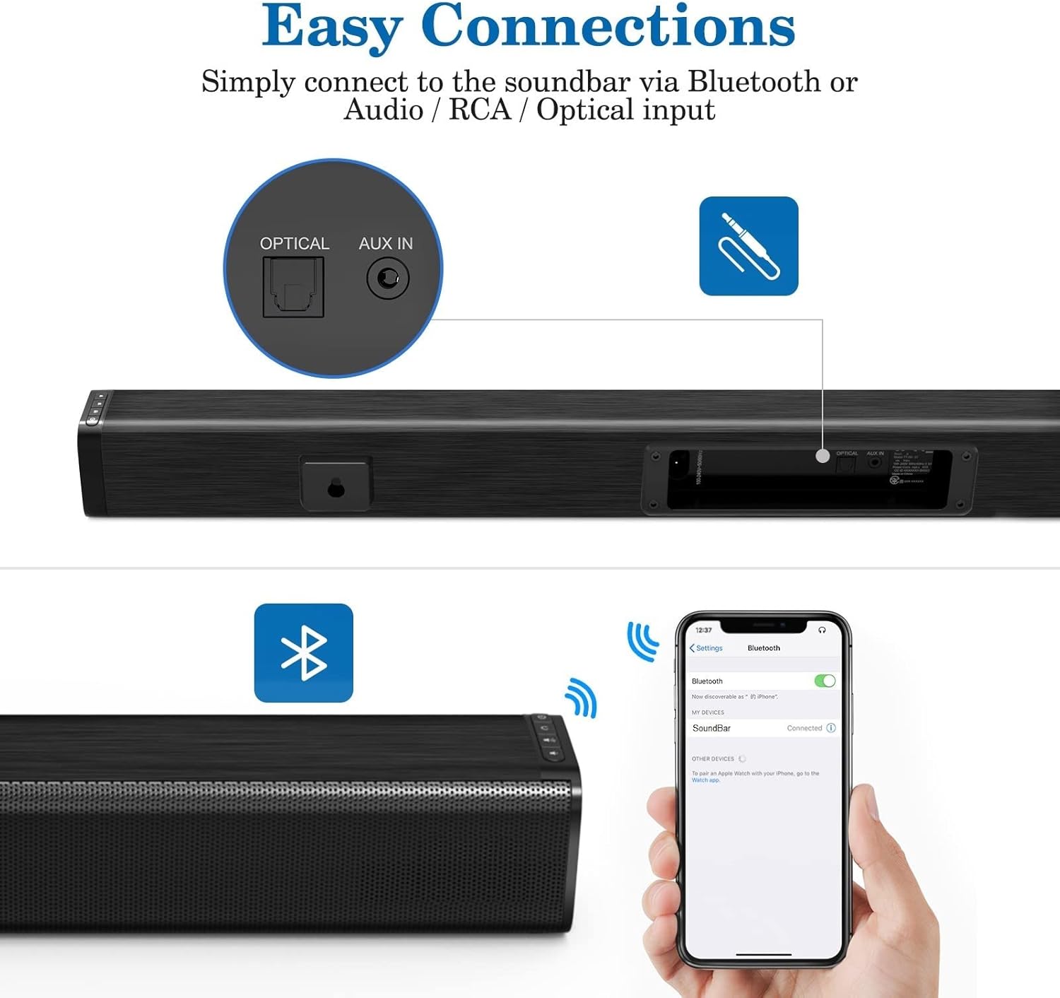 TV Soundbar, Wired & Wireless Bluetooth 5.0 Stereo Sound bar for TV, Three Equalizer Mode Audio Speaker for TV, Optical/Aux/RCA Connection