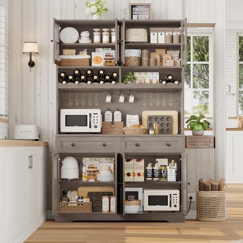 HOSTACK 75.4" Tall Kitchen Pantry Cabinet with Charging Station, Modern White Kitchen Hutch with Microwave Stand and Wine Rack