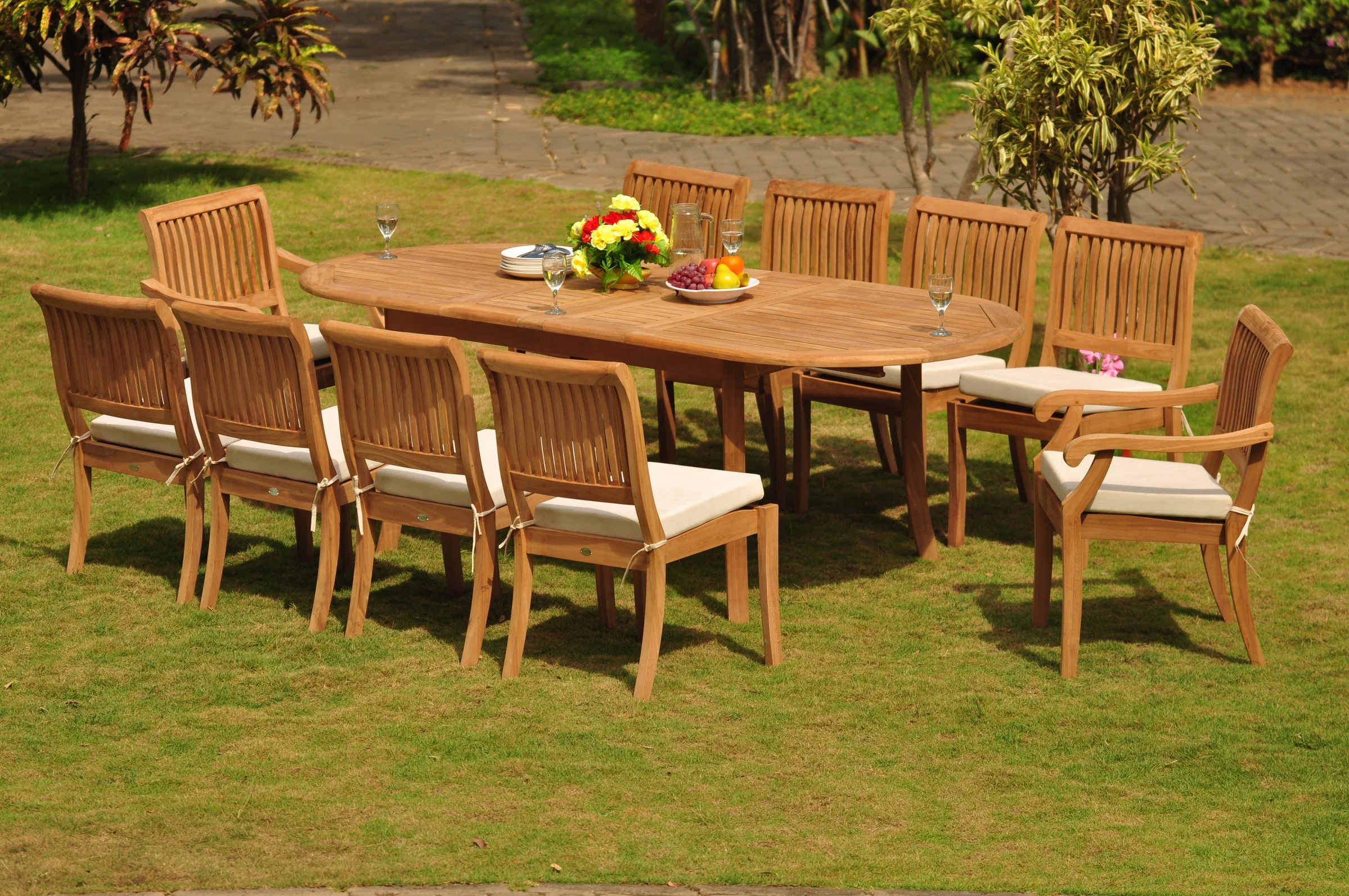 Teak Dining Set: 10 Seater 11 Pc: 94" Oval Table & 2 Stacking Arbor Arm & 8 Armless Chairs Outdoor Patio Grade-A Teak Wood WholesaleTeak #WMDSAB11