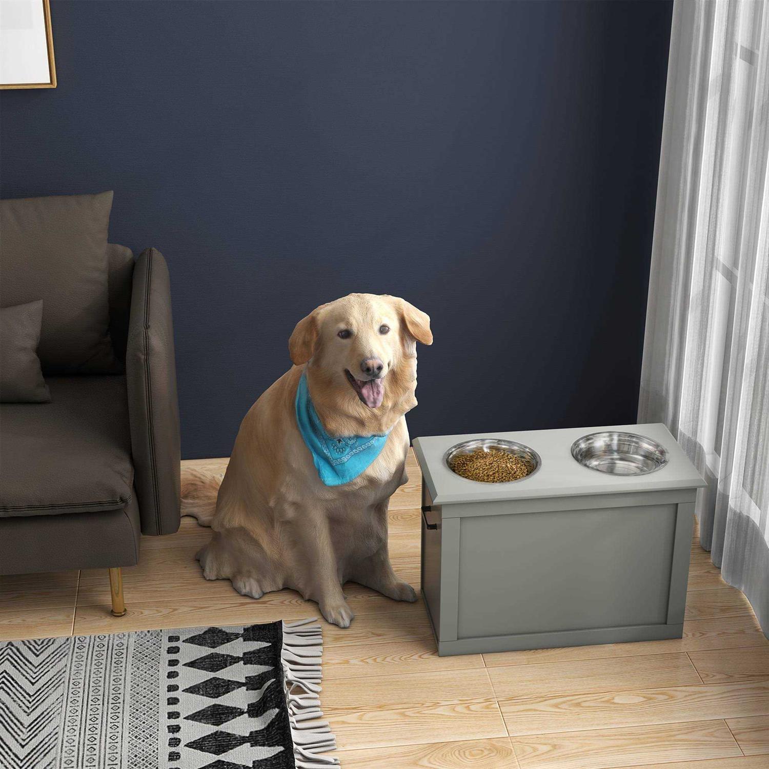 PawHut Raised Pet Feeding Storage Station with 2 Stainless Steel Bowls Base for Large Dogs and Other Large Pets