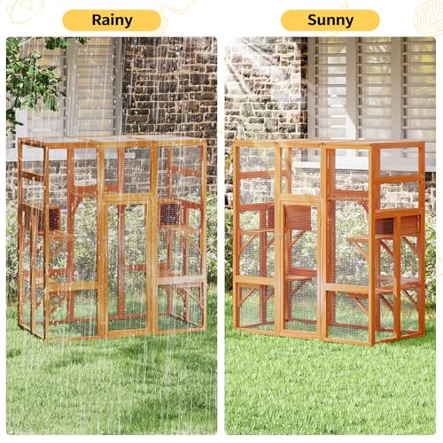 71Inches Large Wood Catio Outdoor Cat Enclosure with Perches and Condos, Cat House Indoor with Waterproof Roof