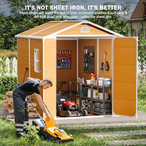 CDCASA 8x6 Feet Resin Storage Shed, Waterproof Outdoor Shed with Floor & Lockable Door & Window & Vents, Plastic Tool Shed for Backyard, Patio