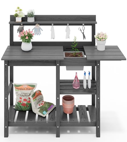 SERWALL Potting Bench Outdoor Potting Table with Sink, HDPE Potting Benches for Outside Gardening Table All Weather Use- Black