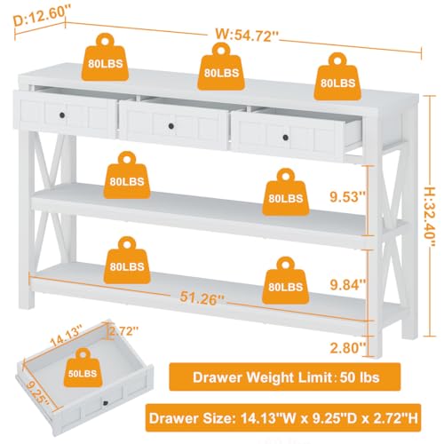 FATORRI Industrial Console Table for Entryway, Rustic Sofa Table with Shelf and 3 Drawers for Living Room